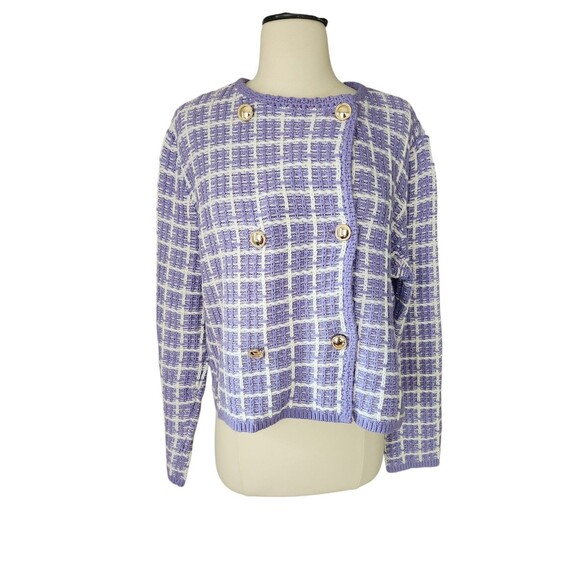 Ann Taylor Crochet Twee Sweater Cardigan Womens Large Lavender Checked Corpcore - Picture 1 of 10